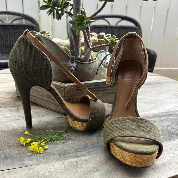 Elegant Tory Burch Amina Platform w Raffia Olive Green Sz 7 - Picture 2 of 9